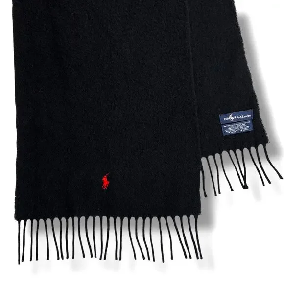 POLO Ralph Lauren Wool Scarf Lambswool Made in Scotland Black Fringe - Picture 3 of 5